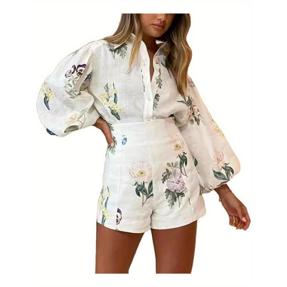 White Floral Print Long Sleeve Shorts Set for Women - Giovanna