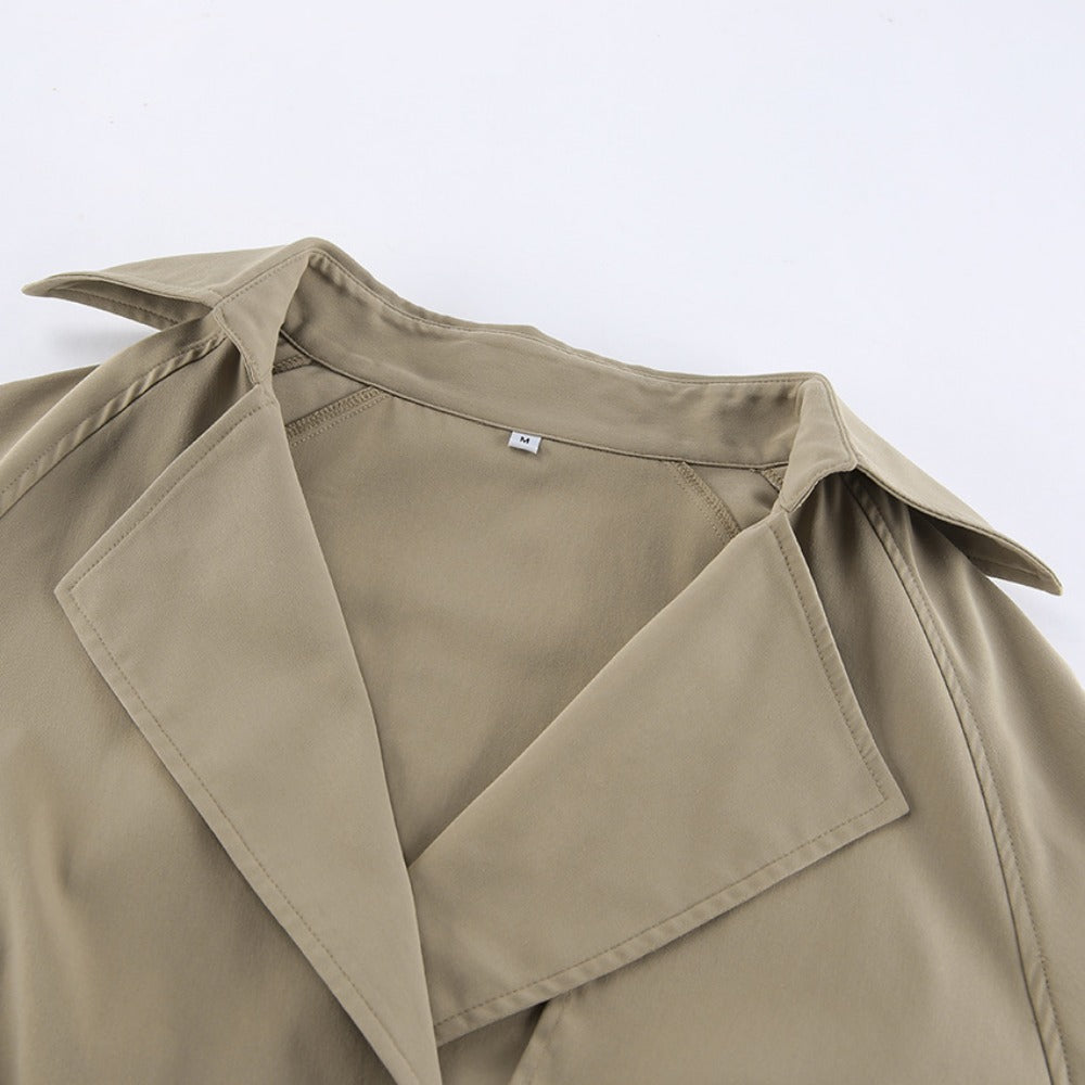 Khaki Cropped Trench Coat with Wide Collar for Women - Romana