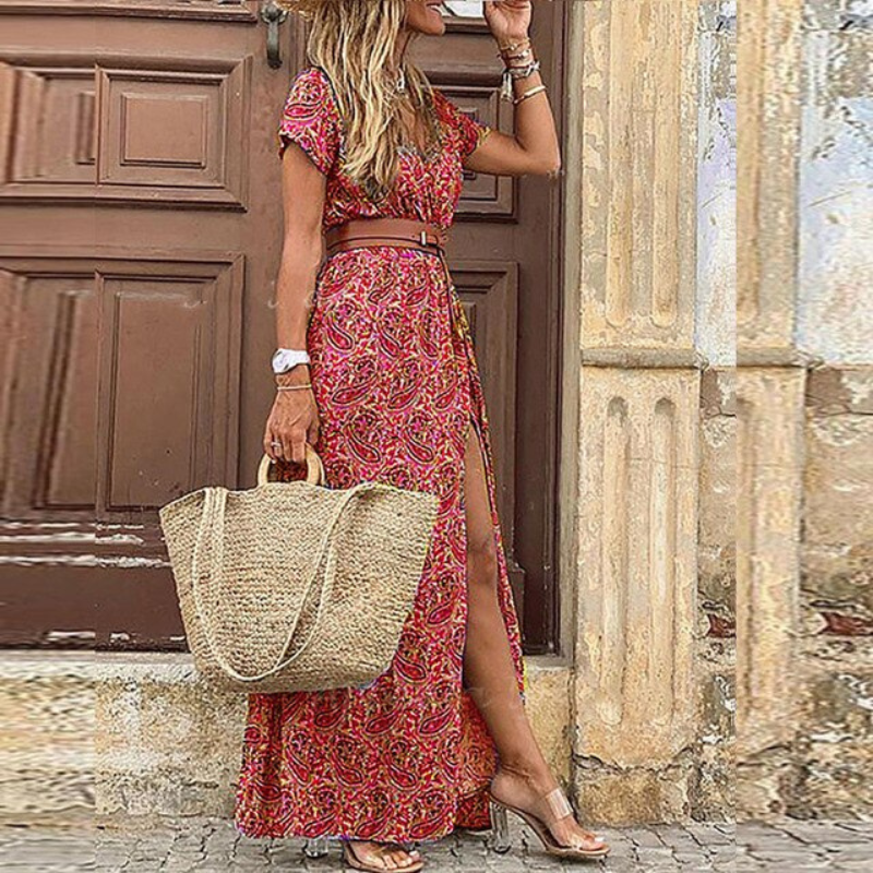 Soft Maxi Dress with V-Neck and Short Sleeves for Women
