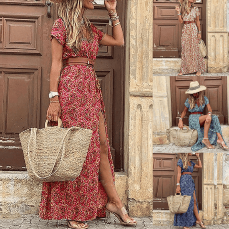 Soft Maxi Dress with V-Neck and Short Sleeves for Women
