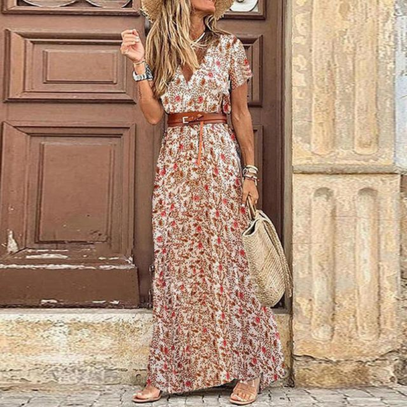 Soft Maxi Dress with V-Neck and Short Sleeves for Women
