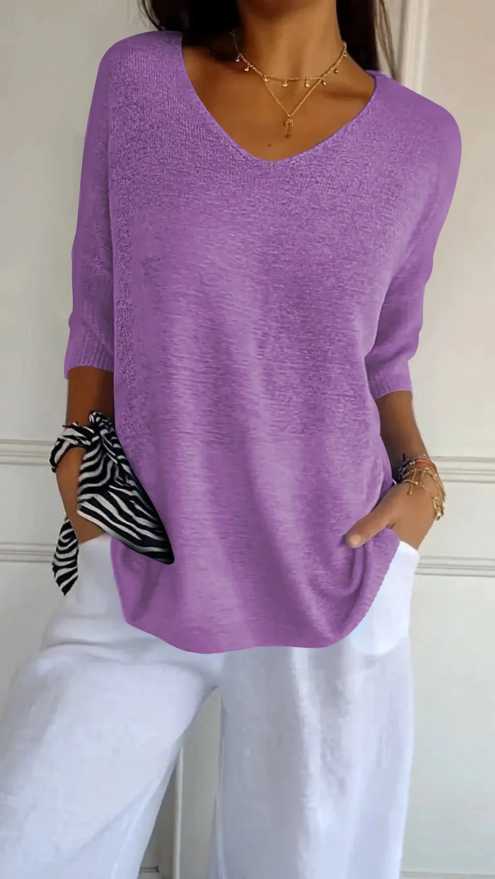 Soft Knit Top with V-Neck and 3/4 Sleeves for Women