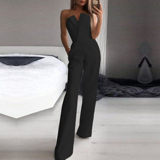 Strapless Wide Leg Jumpsuit with Pockets for Women - Sara