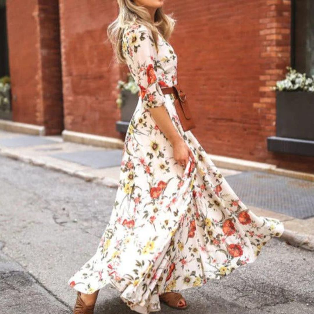 Belted Maxi Dress with 3/4 Sleeves for Women
