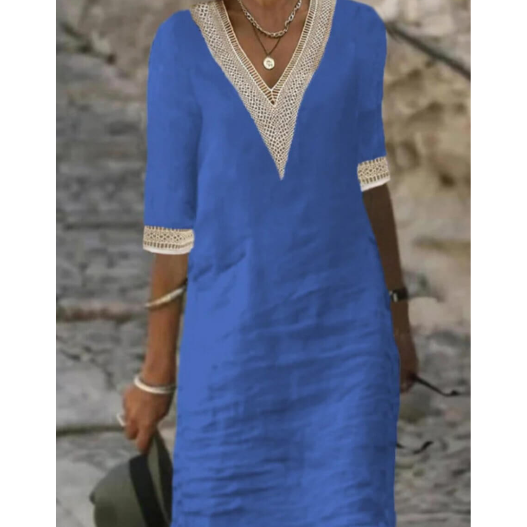 Boho V-Neck Midi Dress with Half Sleeves for Women