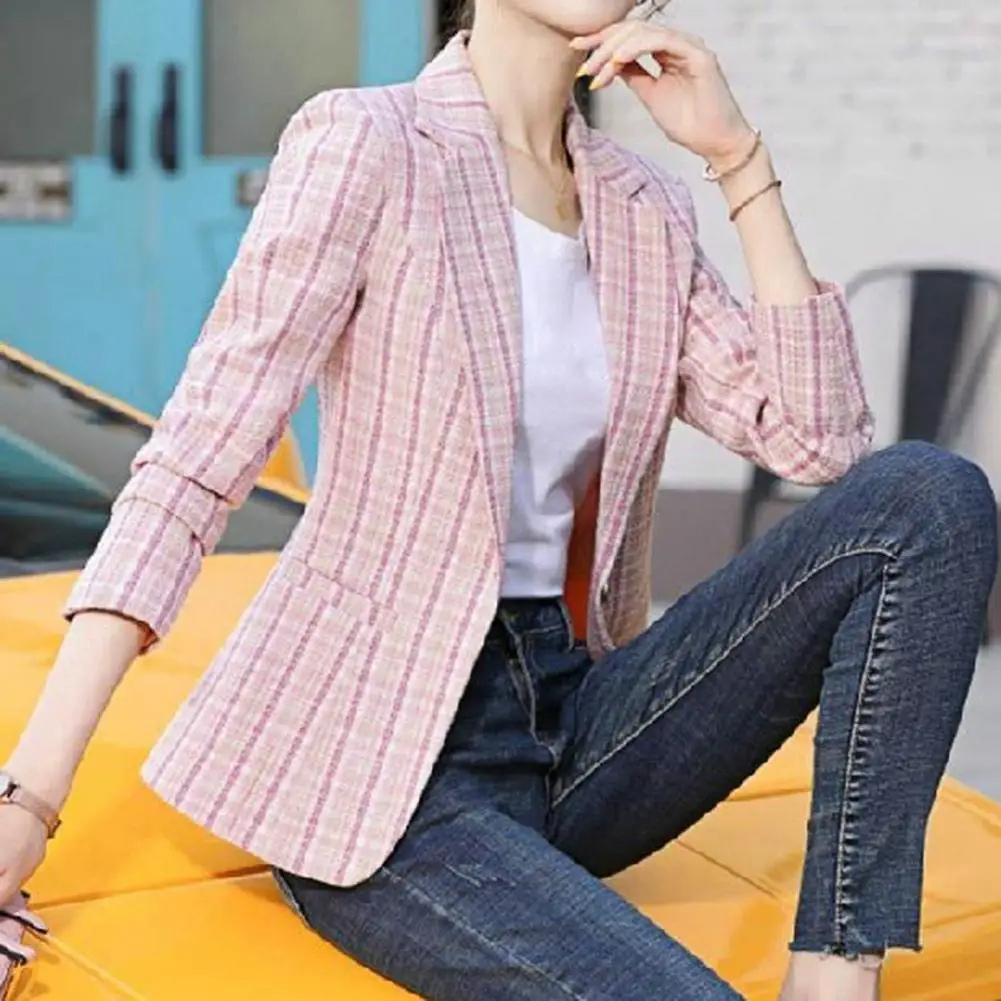 Classic Checkered Single Button Blazer Jacket for Women