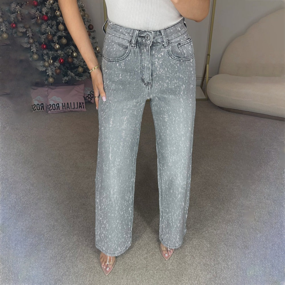 Sequin Wide Leg Denim Jeans for Women - Graziella