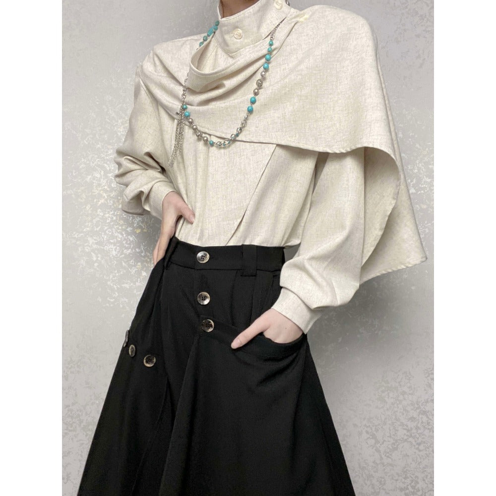 High Neck Long Sleeve Blouse with Draped Detail for Women - Teresa