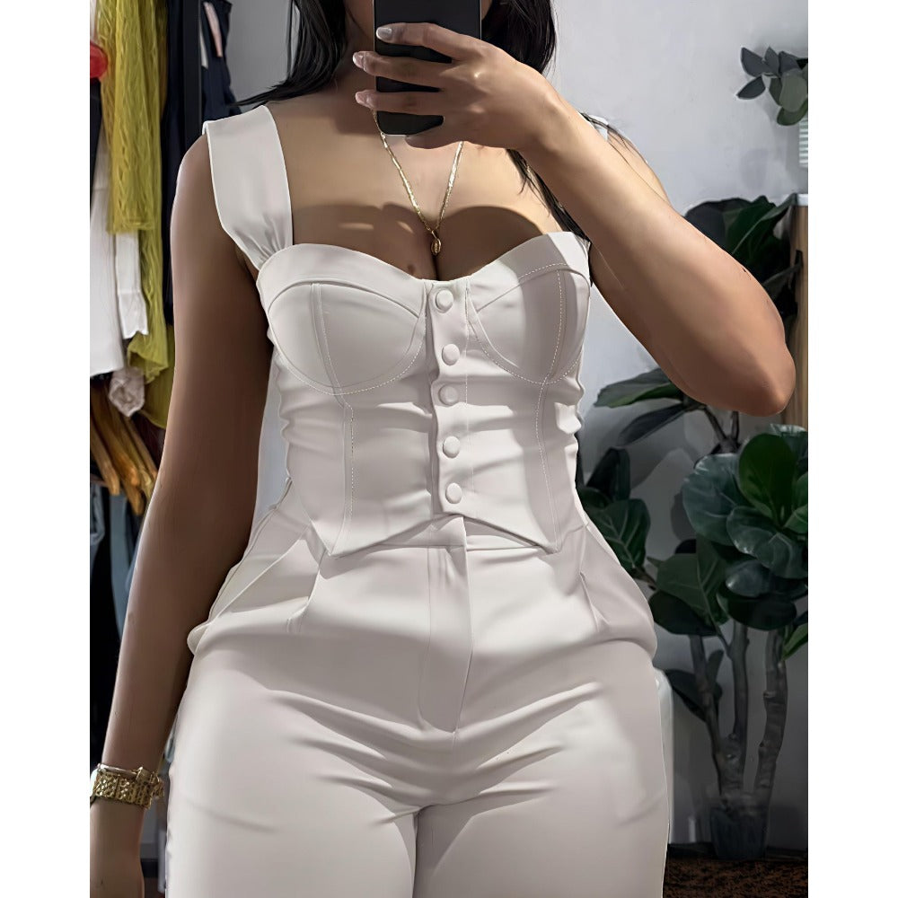 Sleeveless Button Top and Wide Leg Pants Set for Women - Barbara