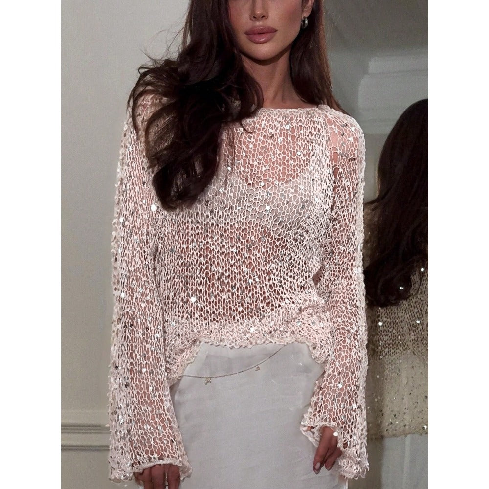 Sheer Knit Sequin Long Sleeve Top for Women - Nina