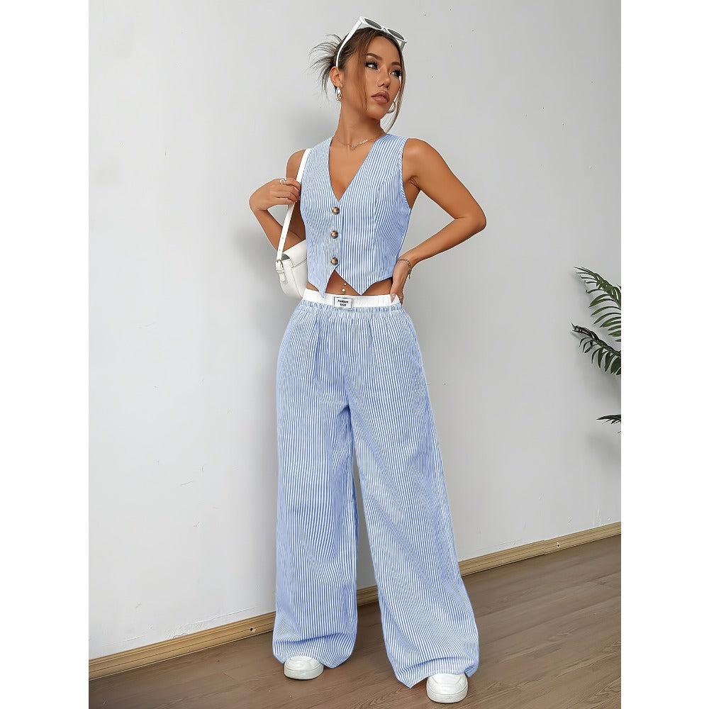 Striped Two Piece Wide Leg Pants Set for Women - Debora