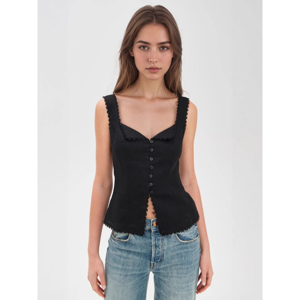 Button Down Sleeveless Top with Lace Trim for Women - Cosima