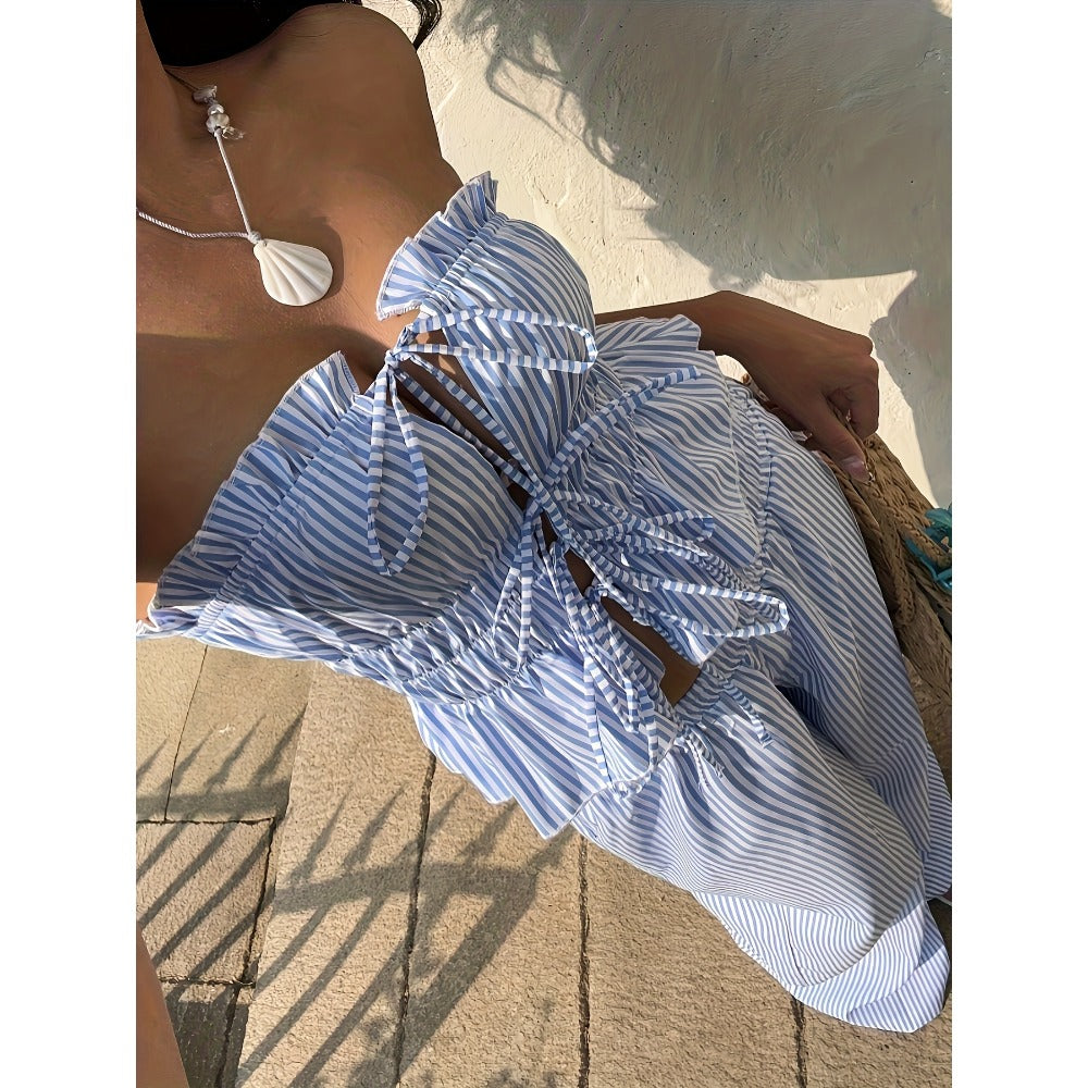 Light Blue Striped Two Piece Pants Set for Women - Gaia