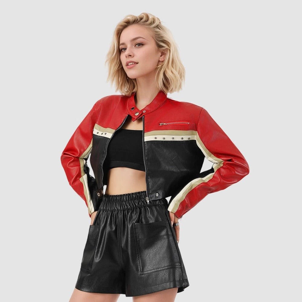Red and Black Leather Biker Jacket for Women - Annarita