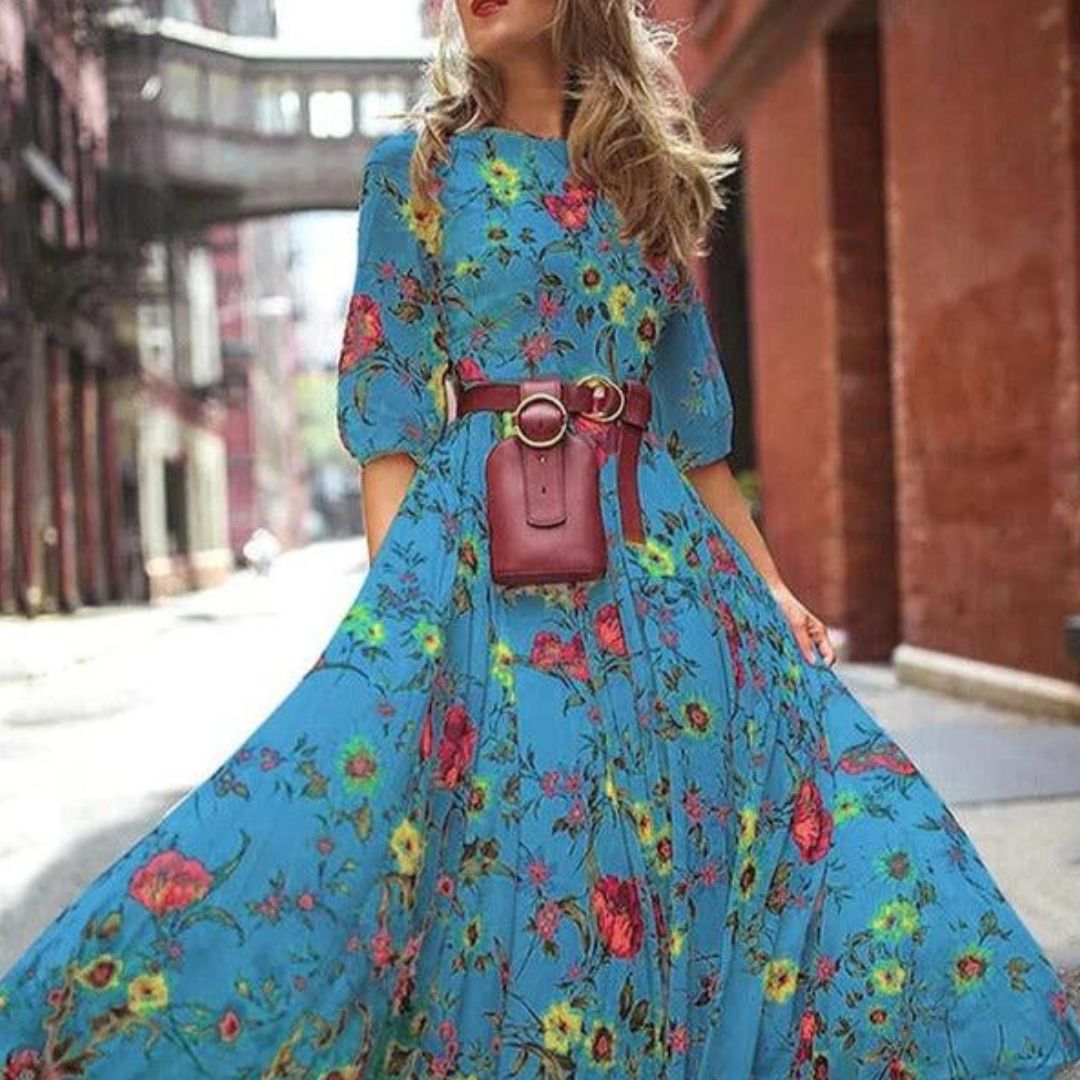 Belted Maxi Dress with 3/4 Sleeves for Women