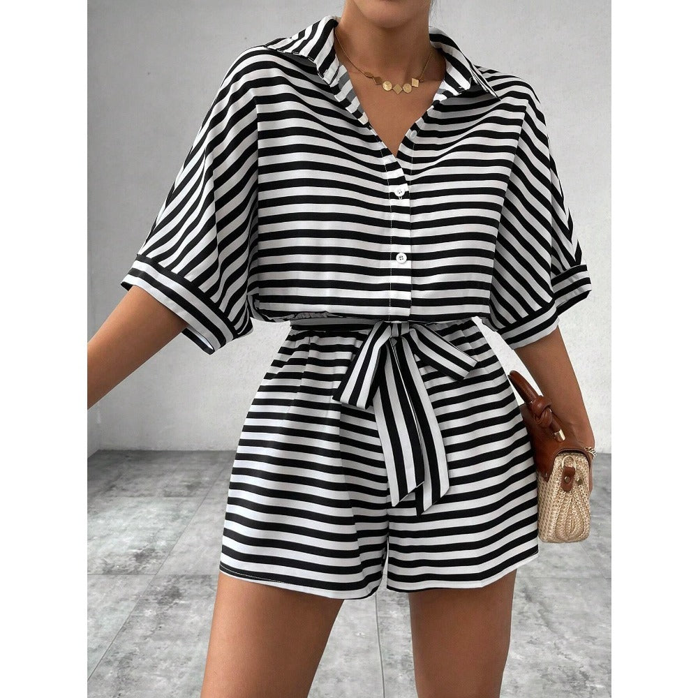 Striped Short Sleeve Belted Romper for Women - Teresa