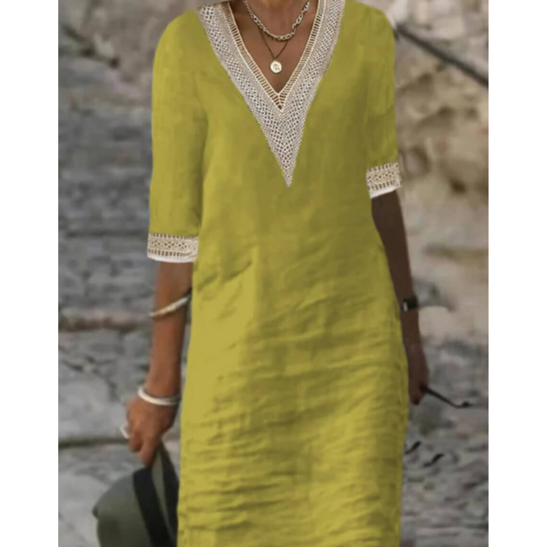 Boho V-Neck Midi Dress with Half Sleeves for Women