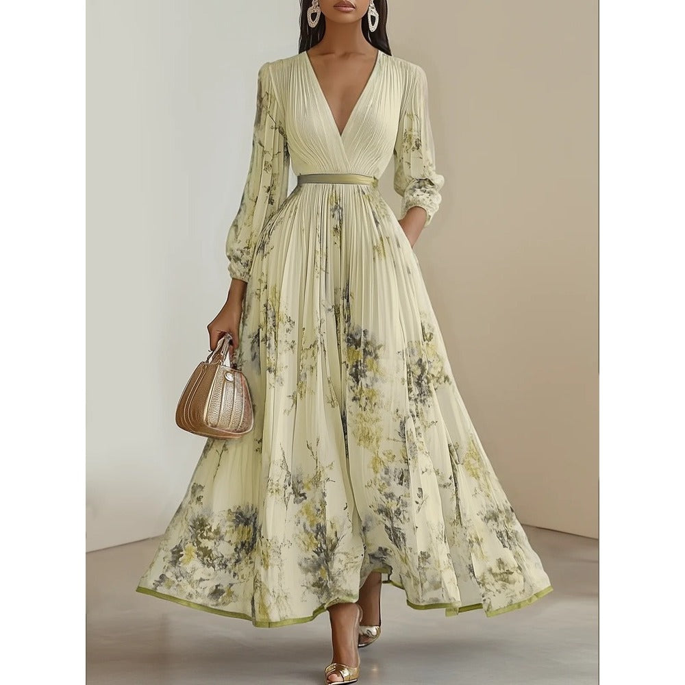 Floral Print Pleated Maxi Dress with Long Sleeves for Women - Gelsomina