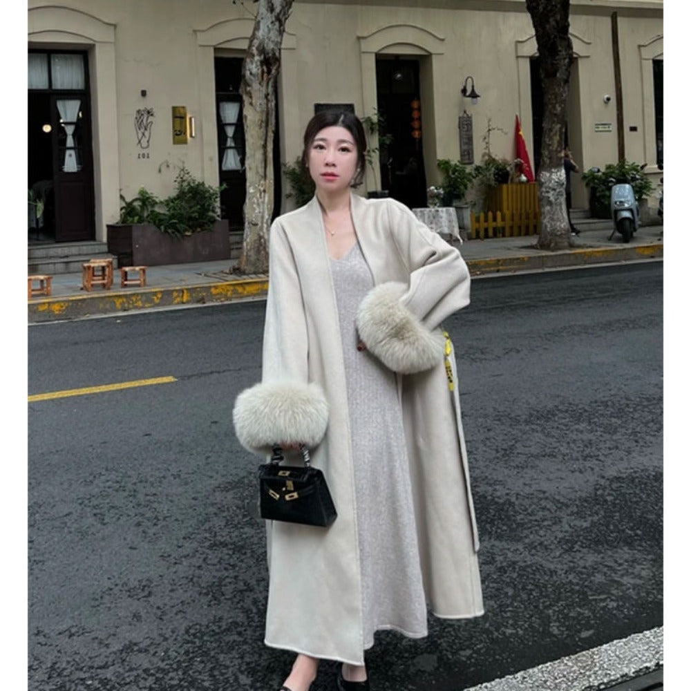 Long Overcoat with Faux Fur Cuffs for Women - Fortunata
