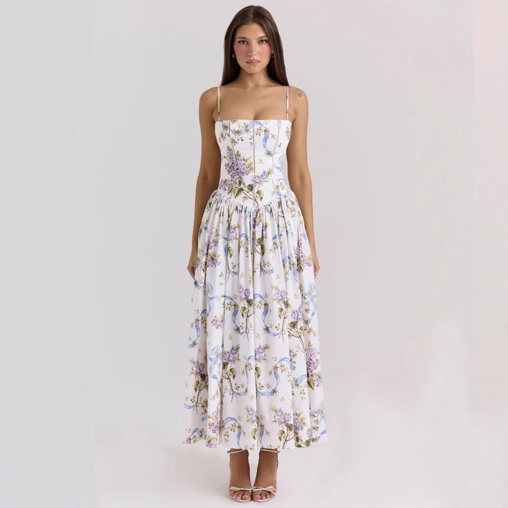 Floral Midi Dress with Spaghetti Straps for Women - Lina