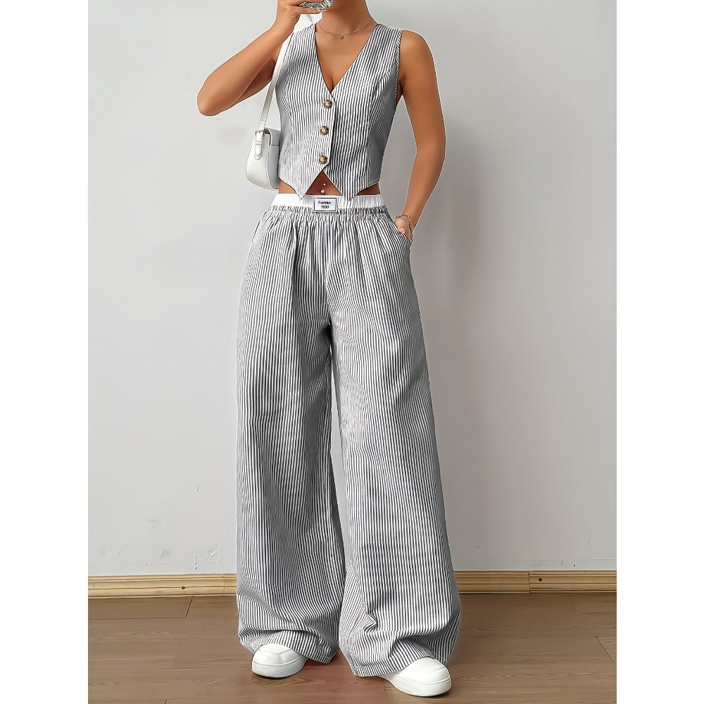 Striped Two Piece Wide Leg Pants Set for Women - Debora