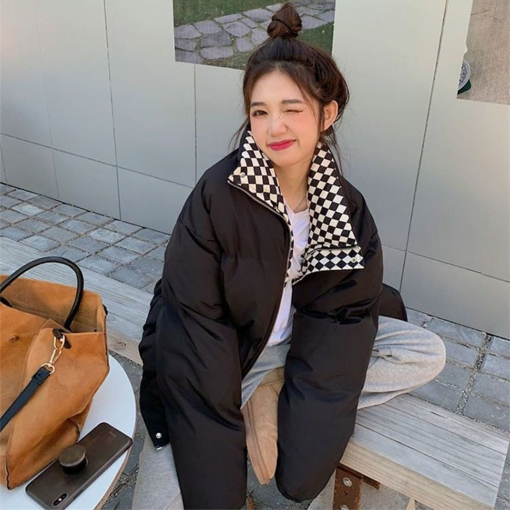 Puffer Jacket with Checkered Collar for Women - Caterina