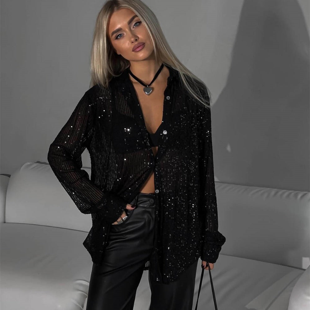 Sequin Button Up Long Sleeve Shirt for Women - Olga