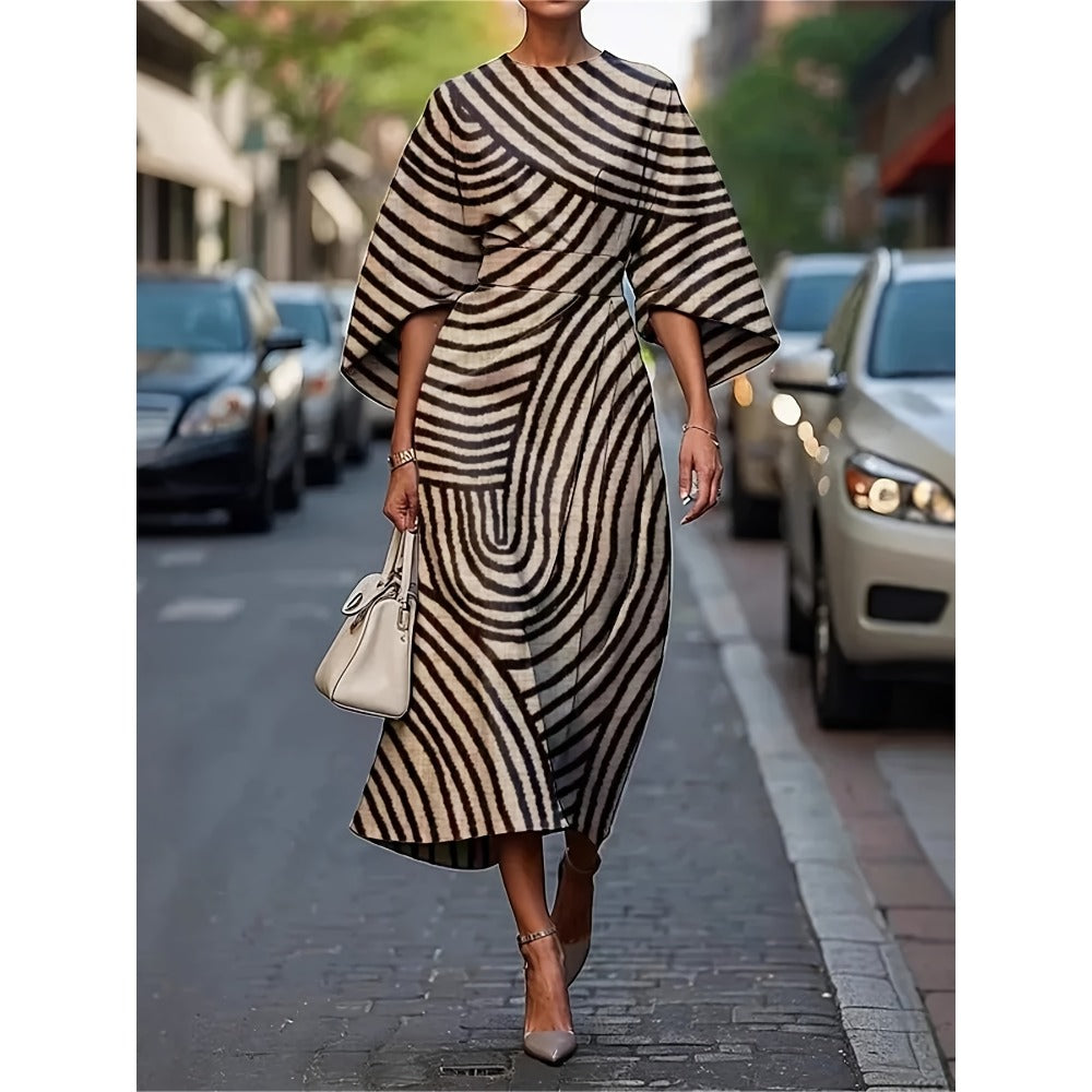 Black and White Striped Maxi Dress with Wide Sleeves for Women - Angelica