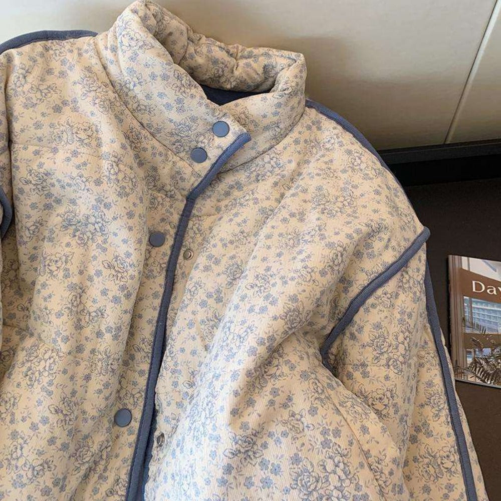 Light Blue Floral Quilted Jacket with Snap Buttons for Women - Sabrina