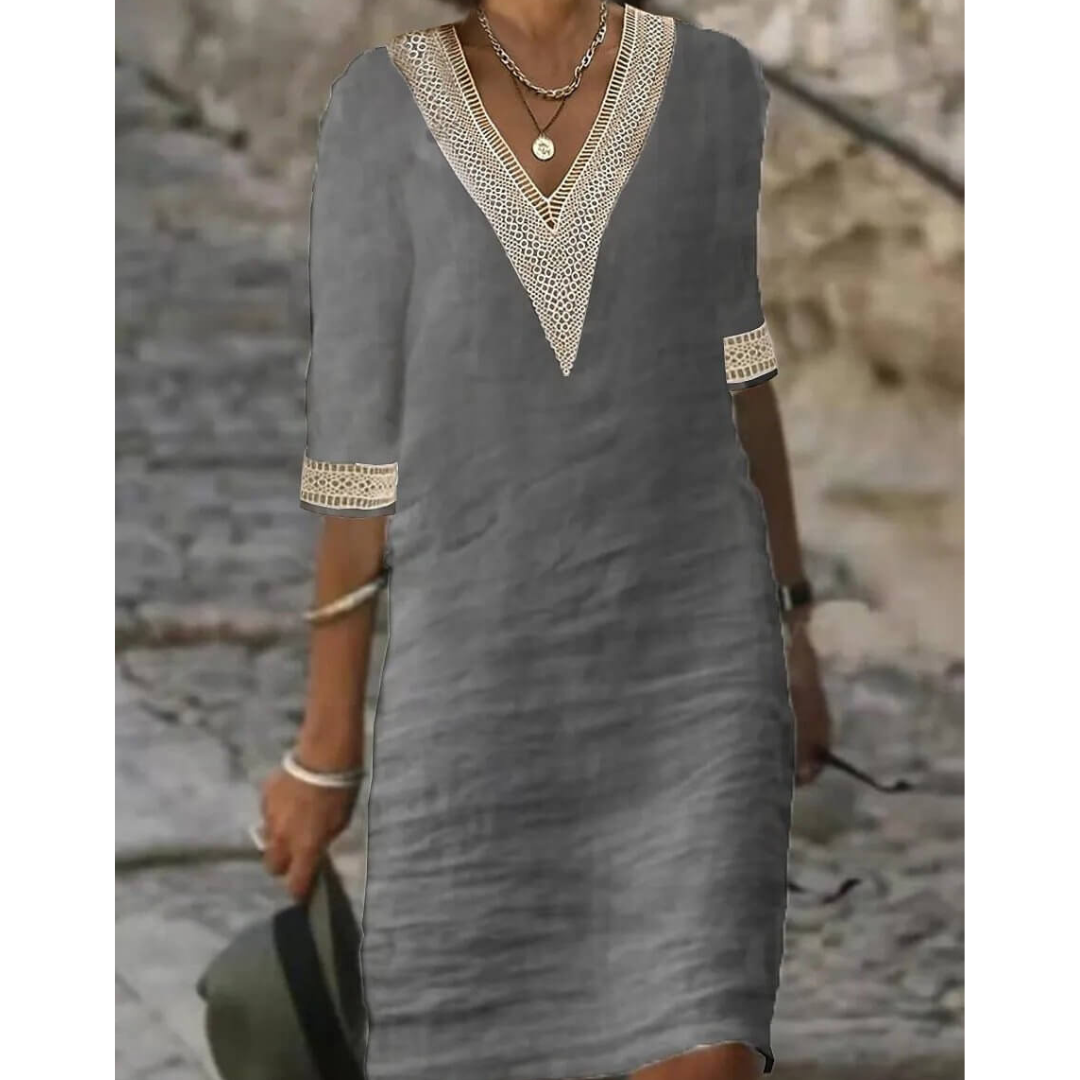 Boho V-Neck Midi Dress with Half Sleeves for Women