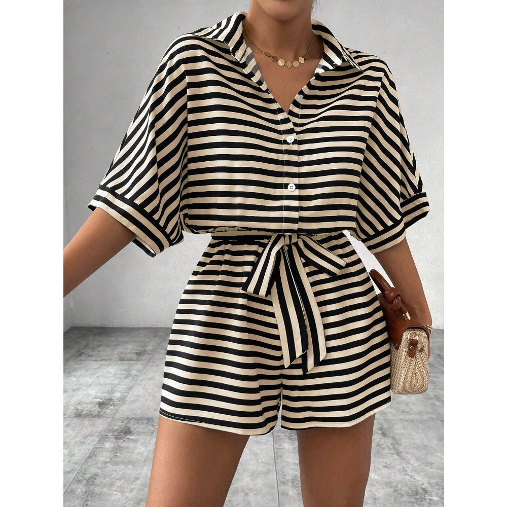Striped Short Sleeve Belted Romper for Women - Teresa