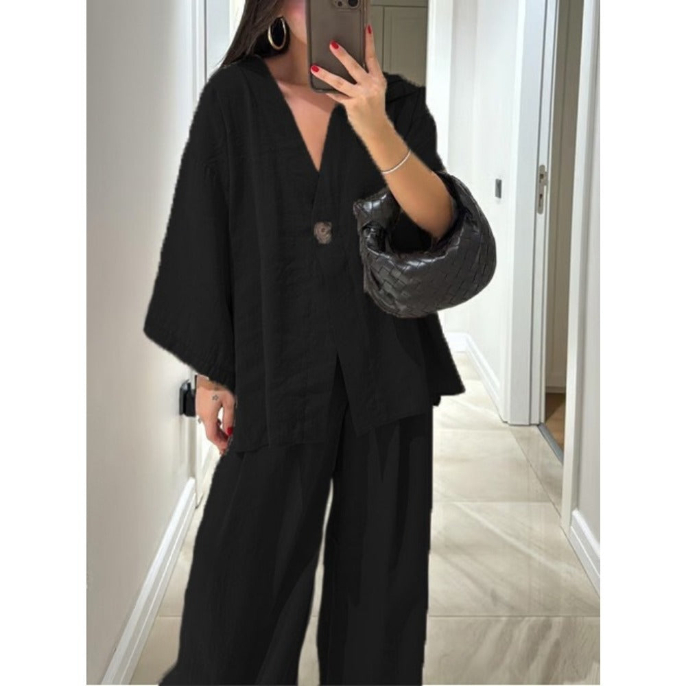 V-Neck Wide Leg Two Piece Pants Set for Women - Rebecca
