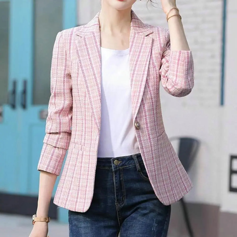 Classic Checkered Single Button Blazer Jacket for Women