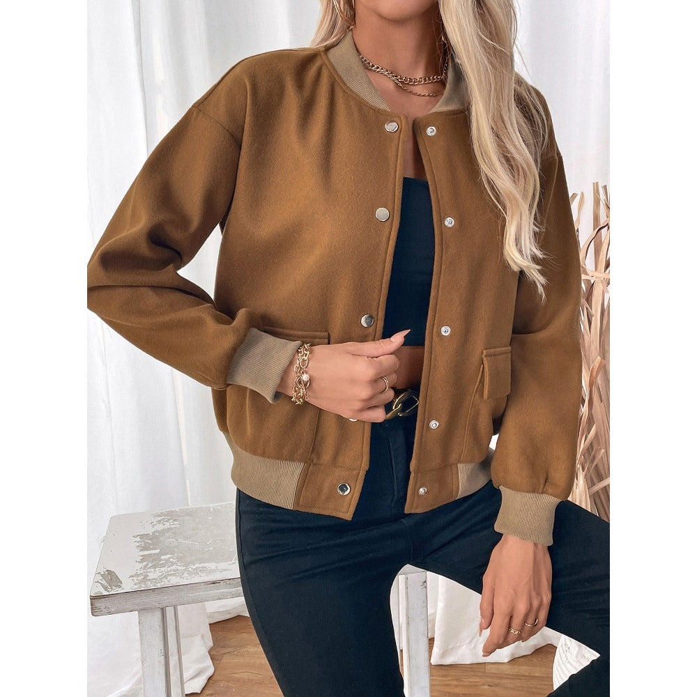 Brown Bomber Jacket with Snap Buttons for Women - Santina