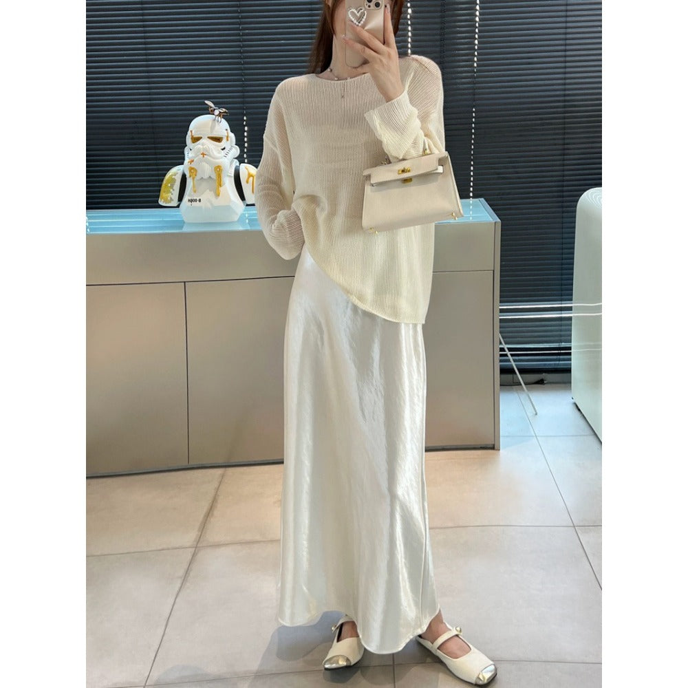 Solid Color Satin Midi Skirt for Women - Vincenza