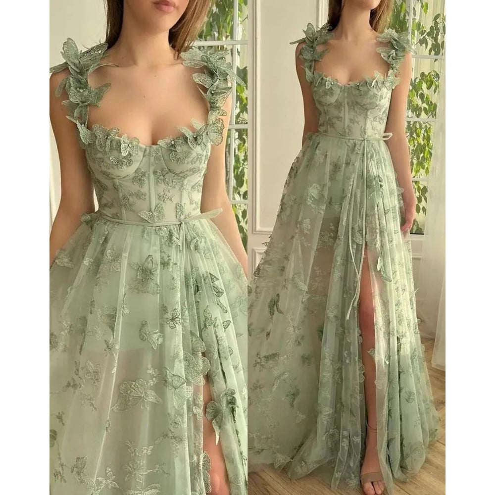Sage Green Lace Maxi Dress with Side Slit for Women - Sibilla