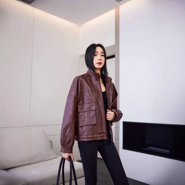 Faux Leather Zip Up Jacket with Pockets for Women - Elide