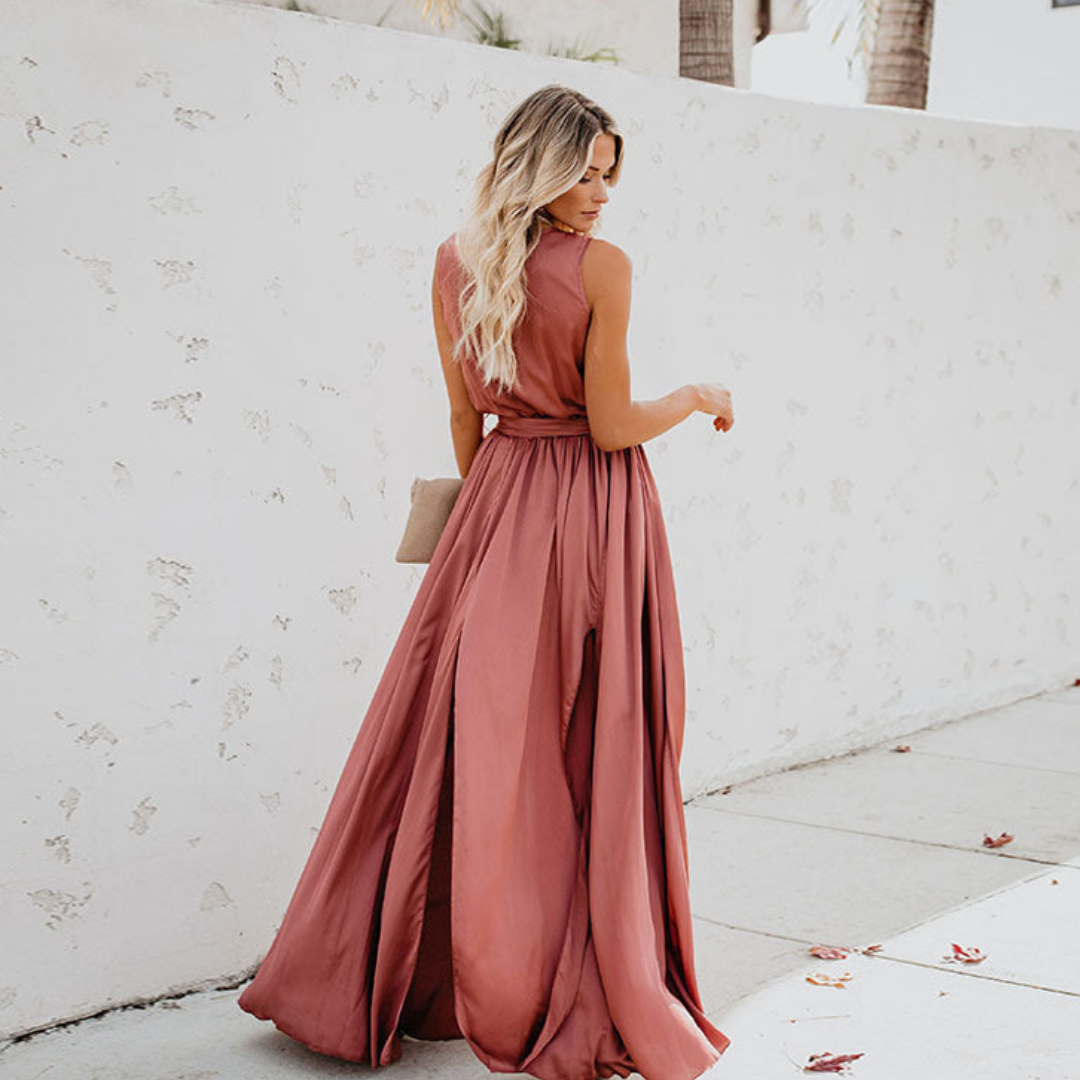 Airy Elegant Maxi Dress with Side Slit and Waistband for Women