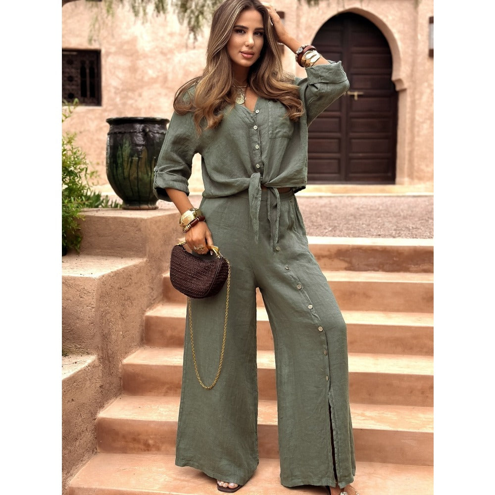 Button Front Shirt and Wide Leg Pants Set for Women - Eleonora