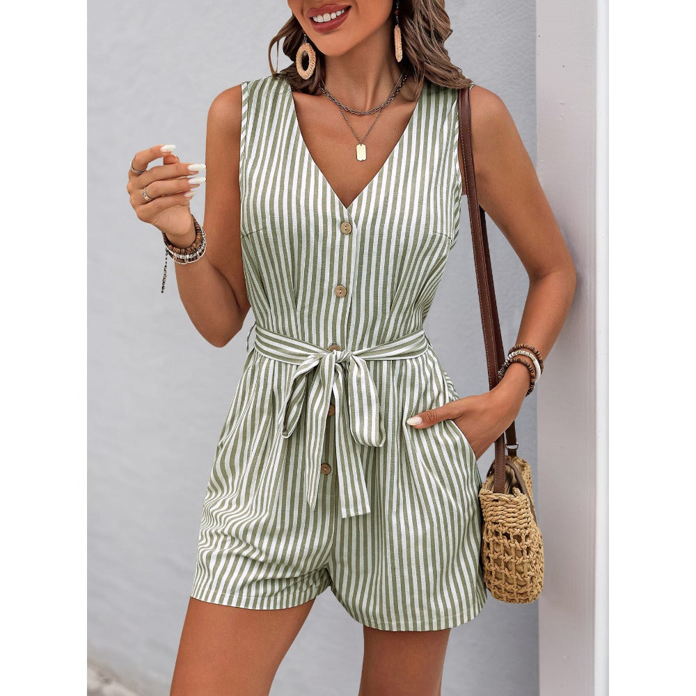 Striped Sleeveless Romper with Tie Waist for Women - Sebastiana