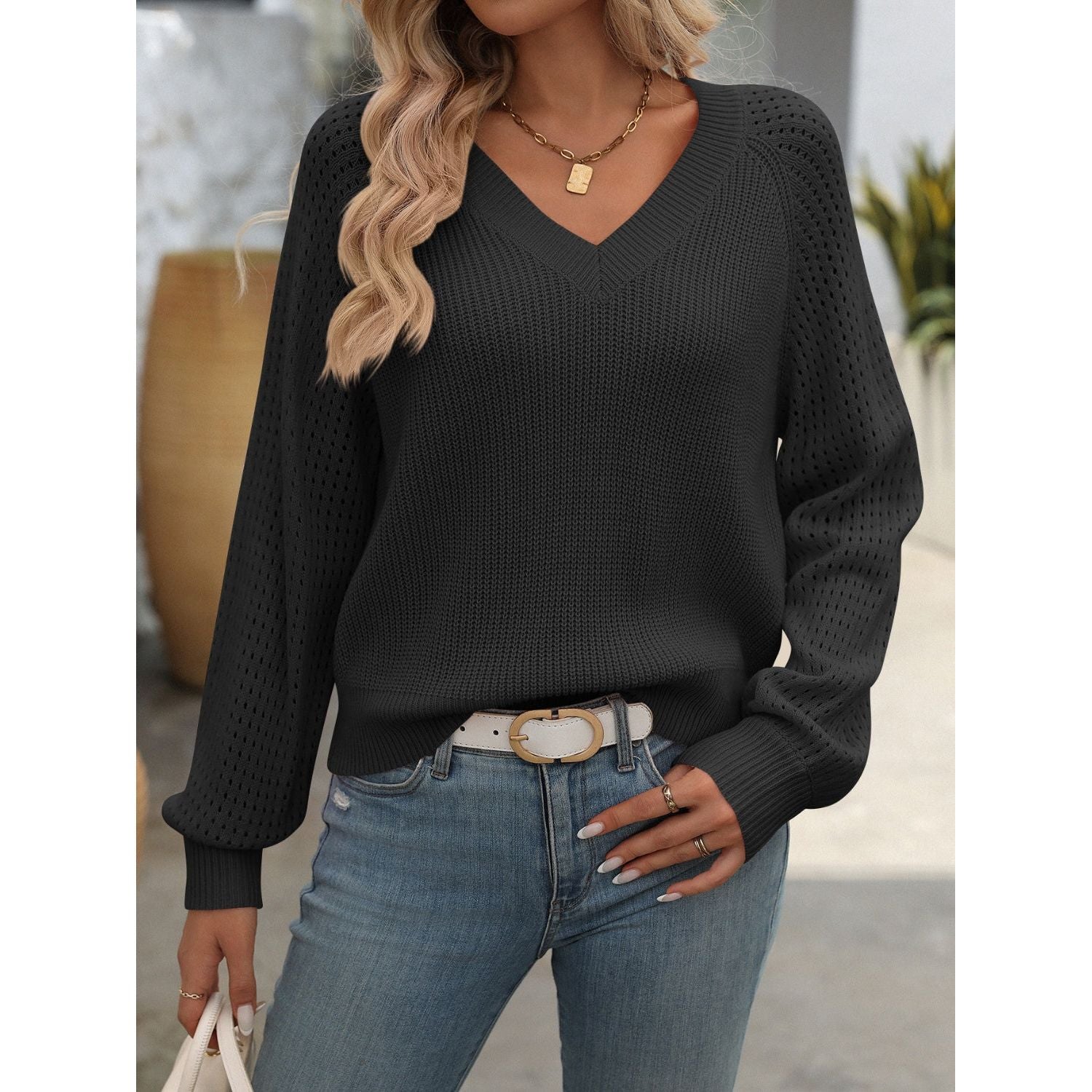 Soft Casual V Neck Jumper with Balloon Sleeves for Women