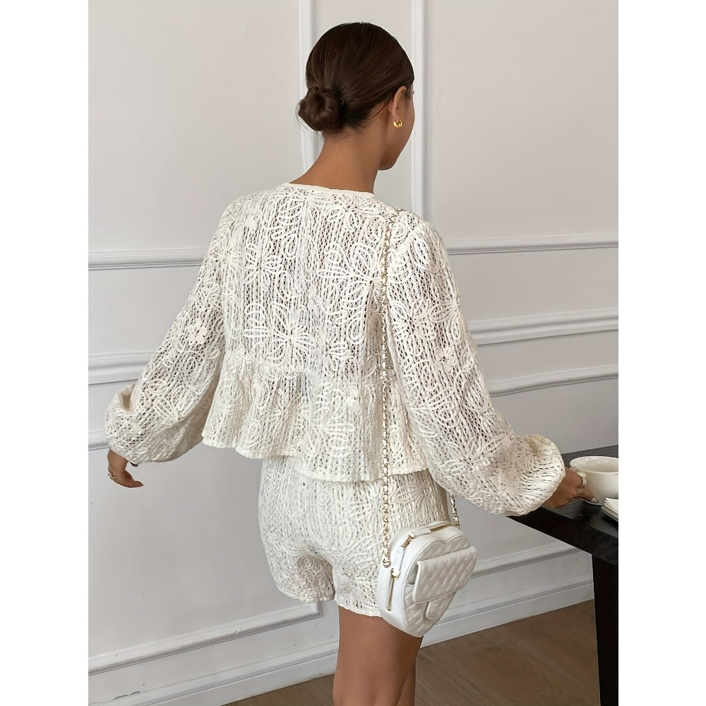 White Lace Two Piece Long Sleeve Shorts Set for Women - Aurora