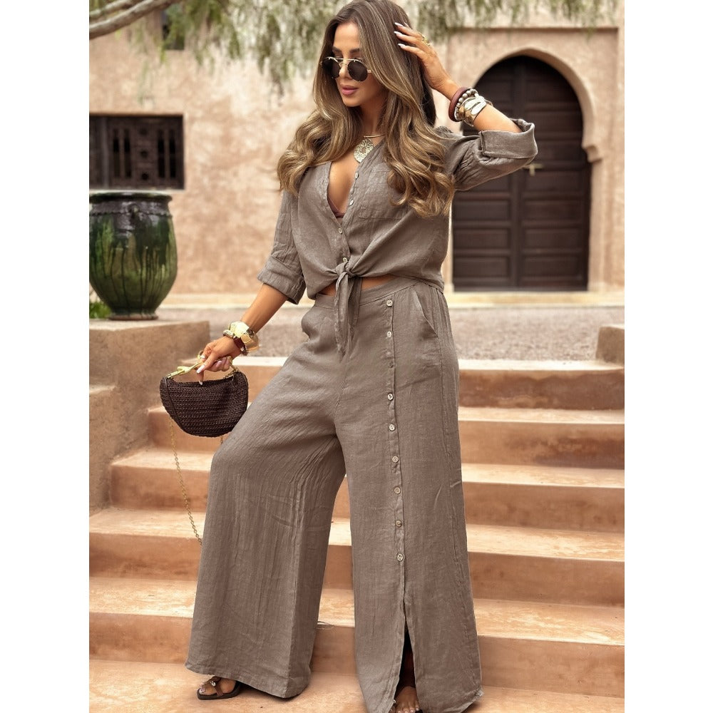 Button Front Shirt and Wide Leg Pants Set for Women - Eleonora