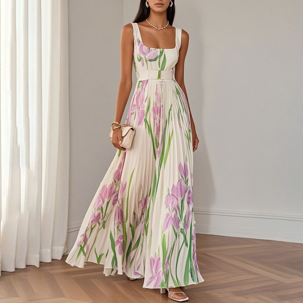 Floral Print Maxi Dress with Square Neck for Women - Gisella