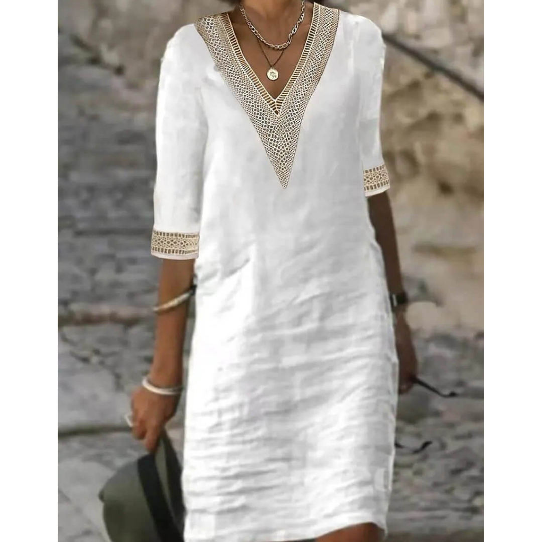 Boho V-Neck Midi Dress with Half Sleeves for Women