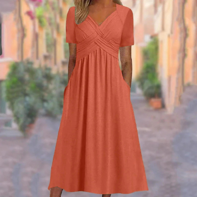 Soft A-Line Midi Dress for Women – Flattering V-Neck