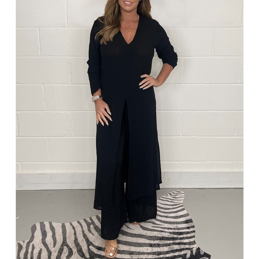 V-Neck Long Sleeve Split Hem Jumpsuit for Women - Costanza