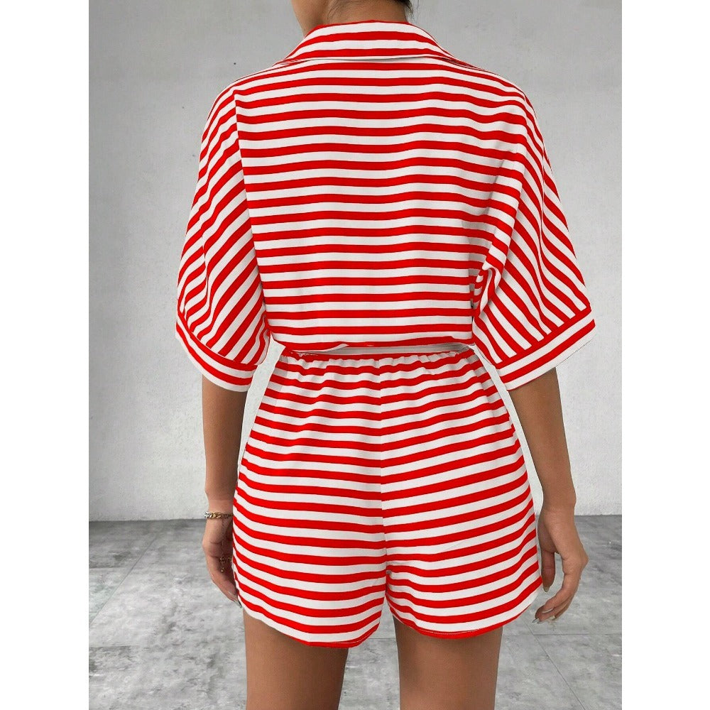 Striped Short Sleeve Belted Romper for Women - Teresa