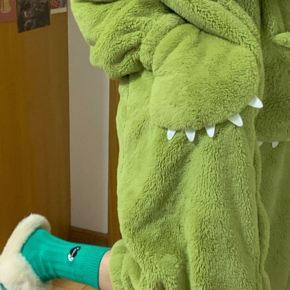 Green Fleece Hooded Dressing Gown with Pockets for Women - Anna