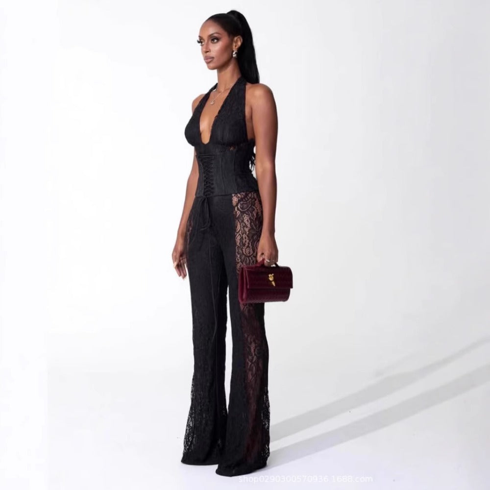 Lace Halter Jumpsuit with Wide Leg for Women - Sabrina